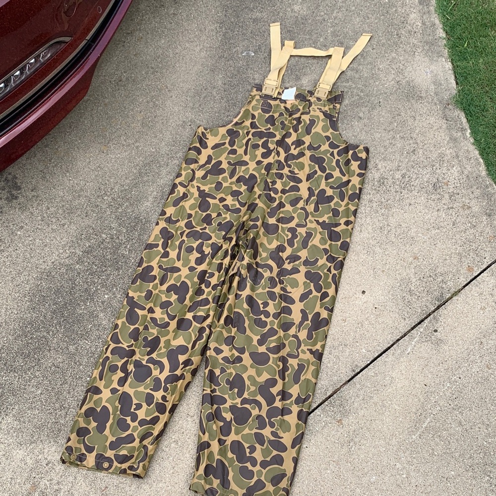 Men's Green Camo Bib Overalls with Tan Adjustable Straps
